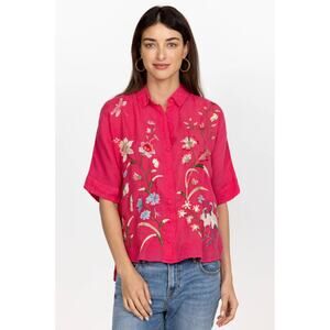 New Johnny Was Vianne Floral Blouse Pink Floral Embroidery Half Sleeve Sz S